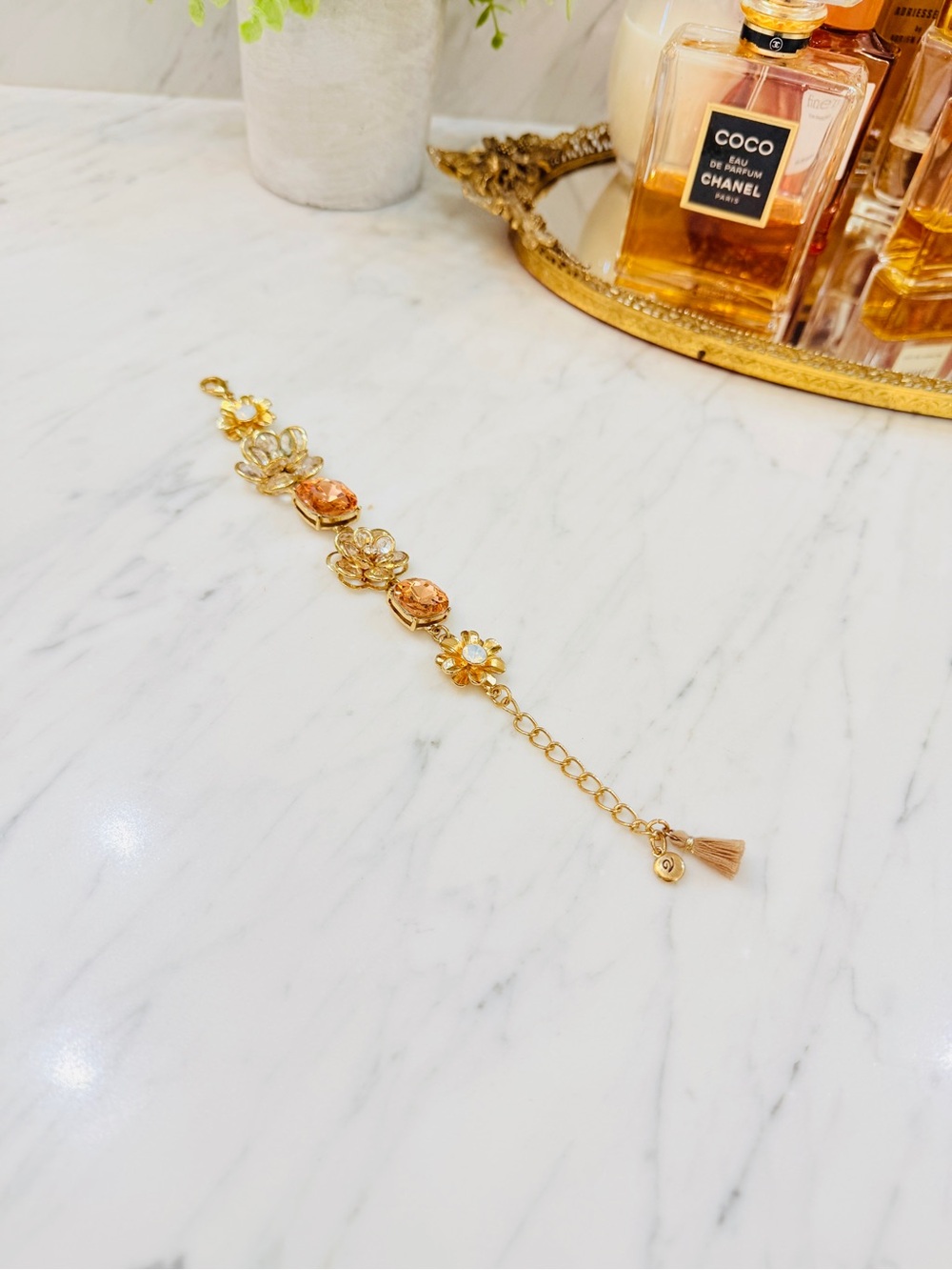 Gold Floral Crystal Bracelet - Peach Accents - Picture 6 of 11